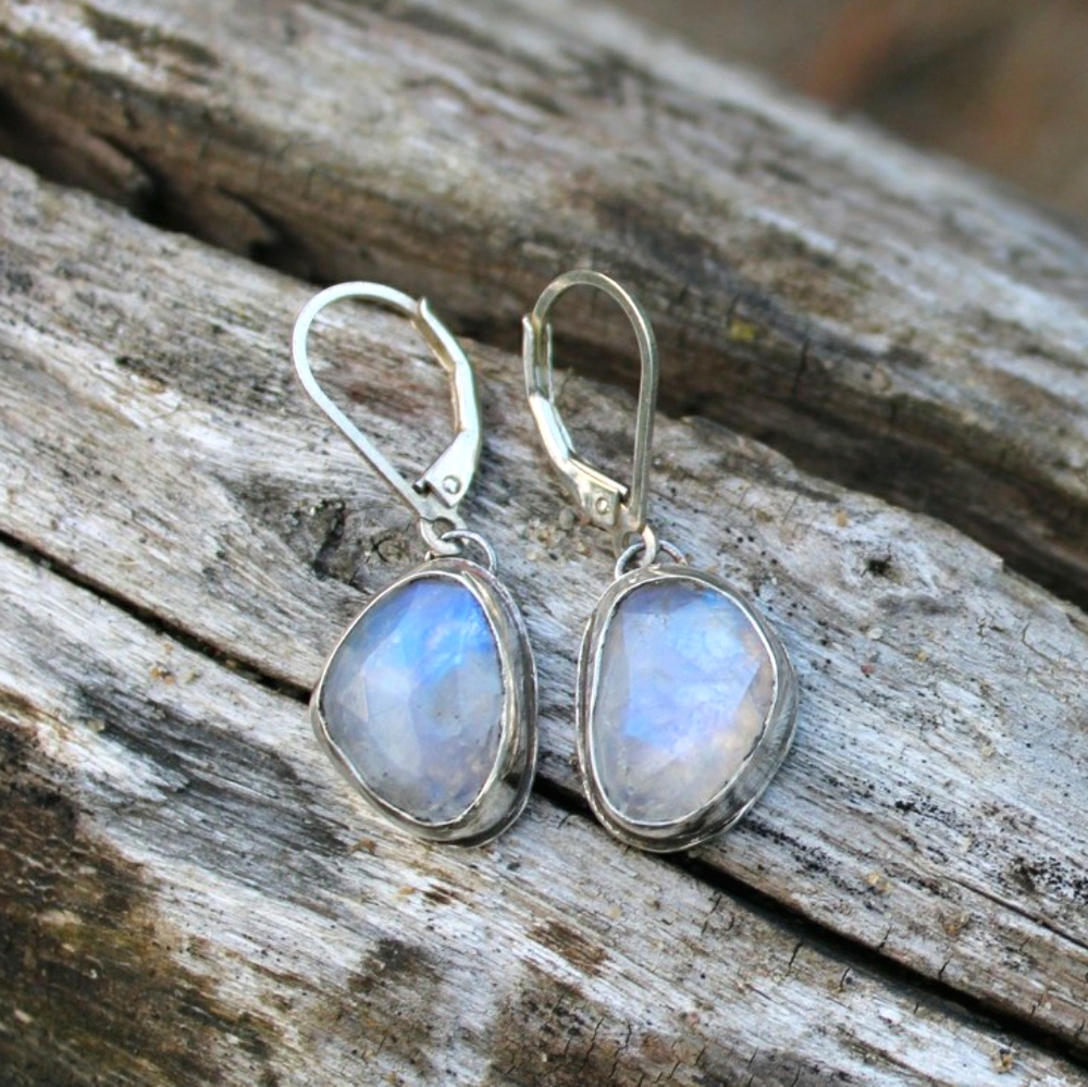 Dangle drop leverback Rainbow Moonstone earrings